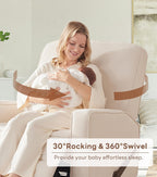 Tbfit Nursery Rocking Chair,360°Swivel Recliner Chair with Lumbar Support for Bedroom, Comfy Upholstered Armchair with Pillows & Footrest for Living Room & Baby Room