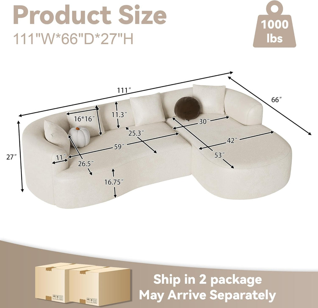 ONEMMLION Boneless Couch for Living Room, 111" Oversized Sectional Comfy Sofa with Right-Facing Chaise, Luxury Modern Curved L Shape Couch with Extra Deep Seat, No Asembly Required, Beige White