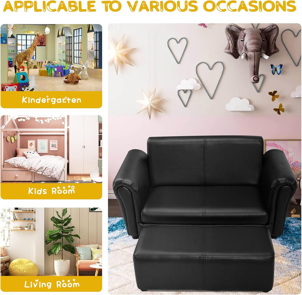 HONEY JOY Kids Sofa, 2 Seat Toddler Couch Lounge Bed with Ottoman, Sturdy Wood Construction, Children PU Leather Upholstered Loveseat Armrest Chair for Bedroom Living Room, Double Seat w/Stool (Black)