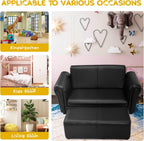 HONEY JOY Kids Sofa, 2 Seat Toddler Couch Lounge Bed with Ottoman, Sturdy Wood Construction, Children PU Leather Upholstered Loveseat Armrest Chair for Bedroom Living Room, Double Seat w/Stool (Black)