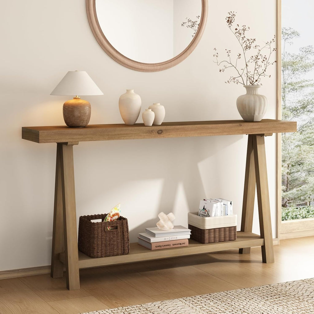 HOKYHOKY Solid Wood Console Tables - 63" Pinewood Farmhouse Rustic Hallway Table, Foyer Tables Living Room, Solid Firwood Sofa Table for Entryway, Brown