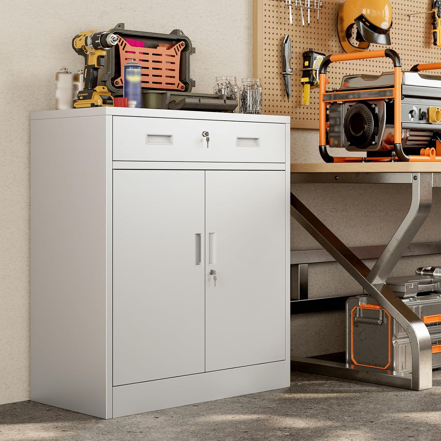 BESFUR Metal Storage Cabinet, Garage Storage Cabinet with One Drawer and Adjustable Shelf, Locking Short Storage Cabinet for Office Garage Home, White Metal Cabinets(36" H x 27.5" W x 16" D)