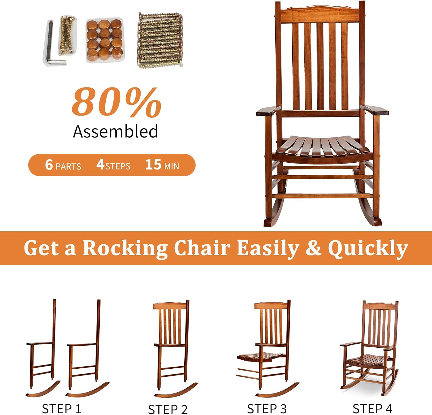 Outvita Outdoor Rocking Chair, Solid Wood High Back Rocker, All Weather Lounge Chair for Porch Patio Fire Pit Garden Backyard Deck Indoor, Wave Shape, Natural