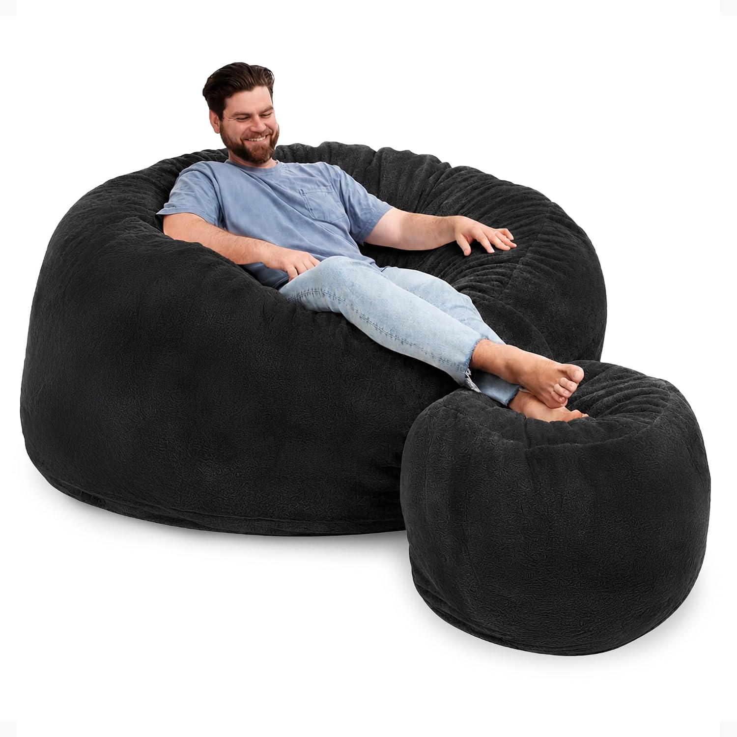 ULTIMATE SACK | 6 Ft Bean Bag Chair &Foot Stool | Charcoal Fur | Foam Filled - Removable Washable Cover