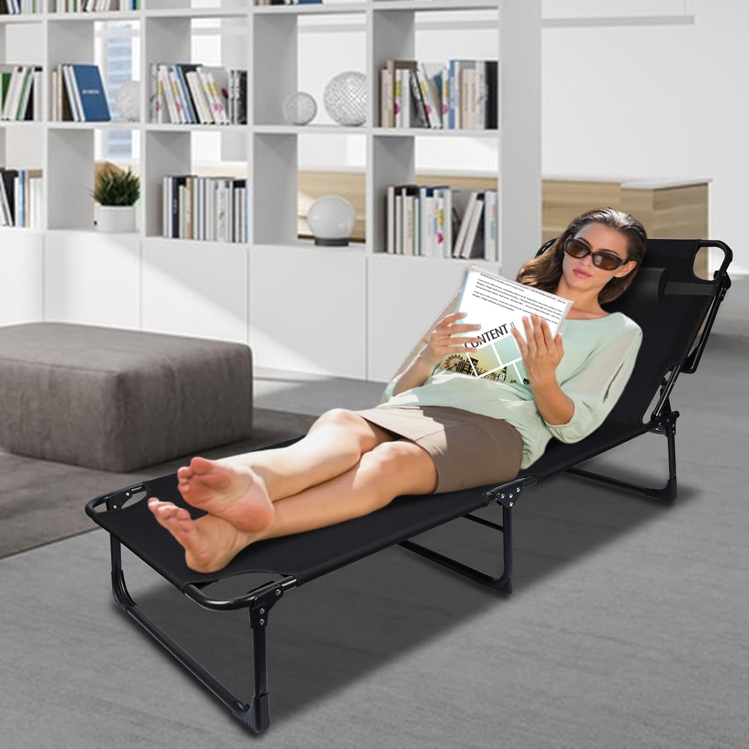 Chaise Lounge Chair | Outdoor Tanning Chair with Pillow[4 Positions] | Heavy Duty Portable Lounge Chairs | Patio Chaise Lounger Camping Cot for Outdoor Sunbathing Patio Pool Lawn Deck Poolside Black