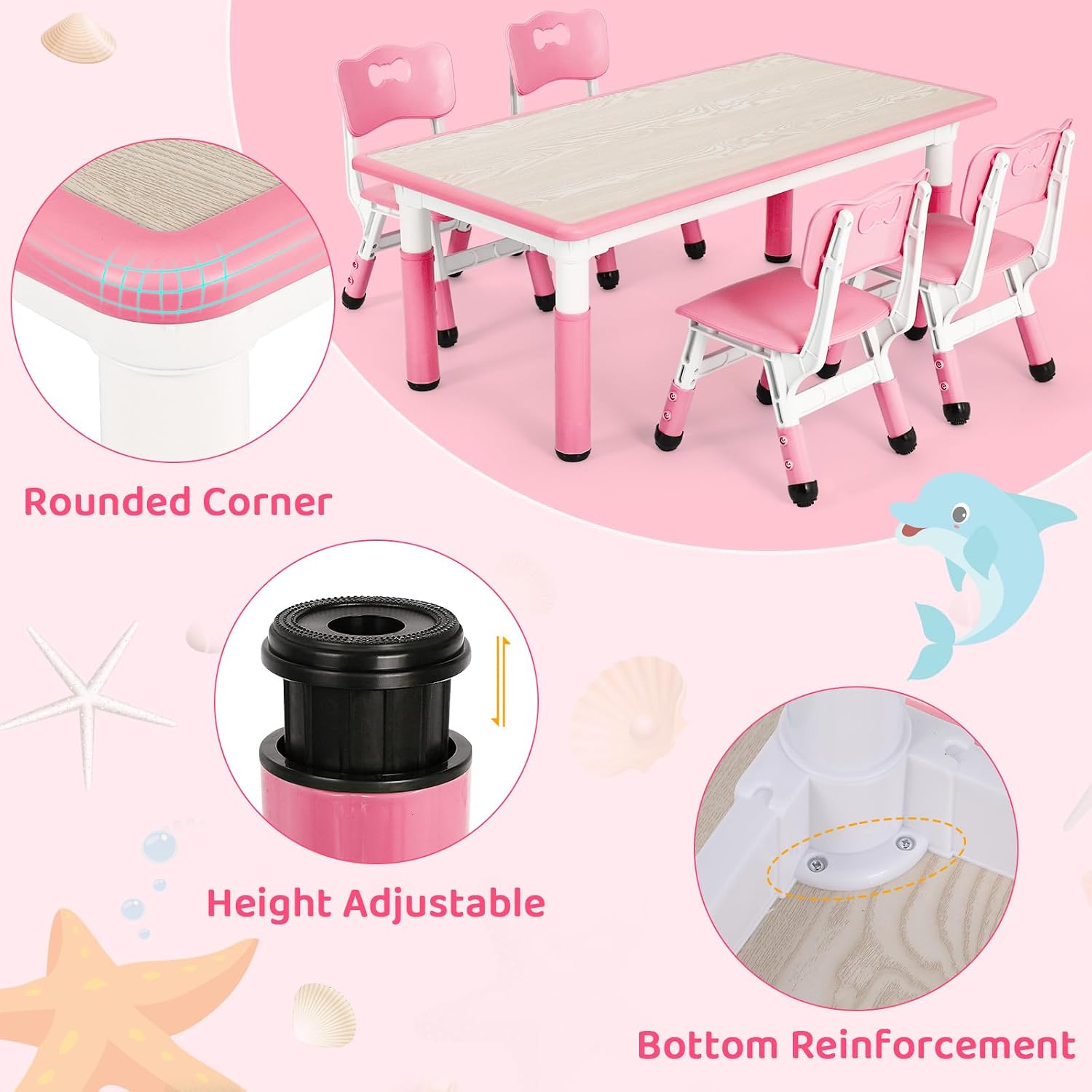 Arlopu Kids Table and 4 Chairs, Height Adjustable Toddler Desk & Chair Set, Anti-Slip Legs, Graffiti Desktop, Children Large Multi-Activity Table with 47.2" x 23.6", Classroom, Homes, Daycares (Pink)