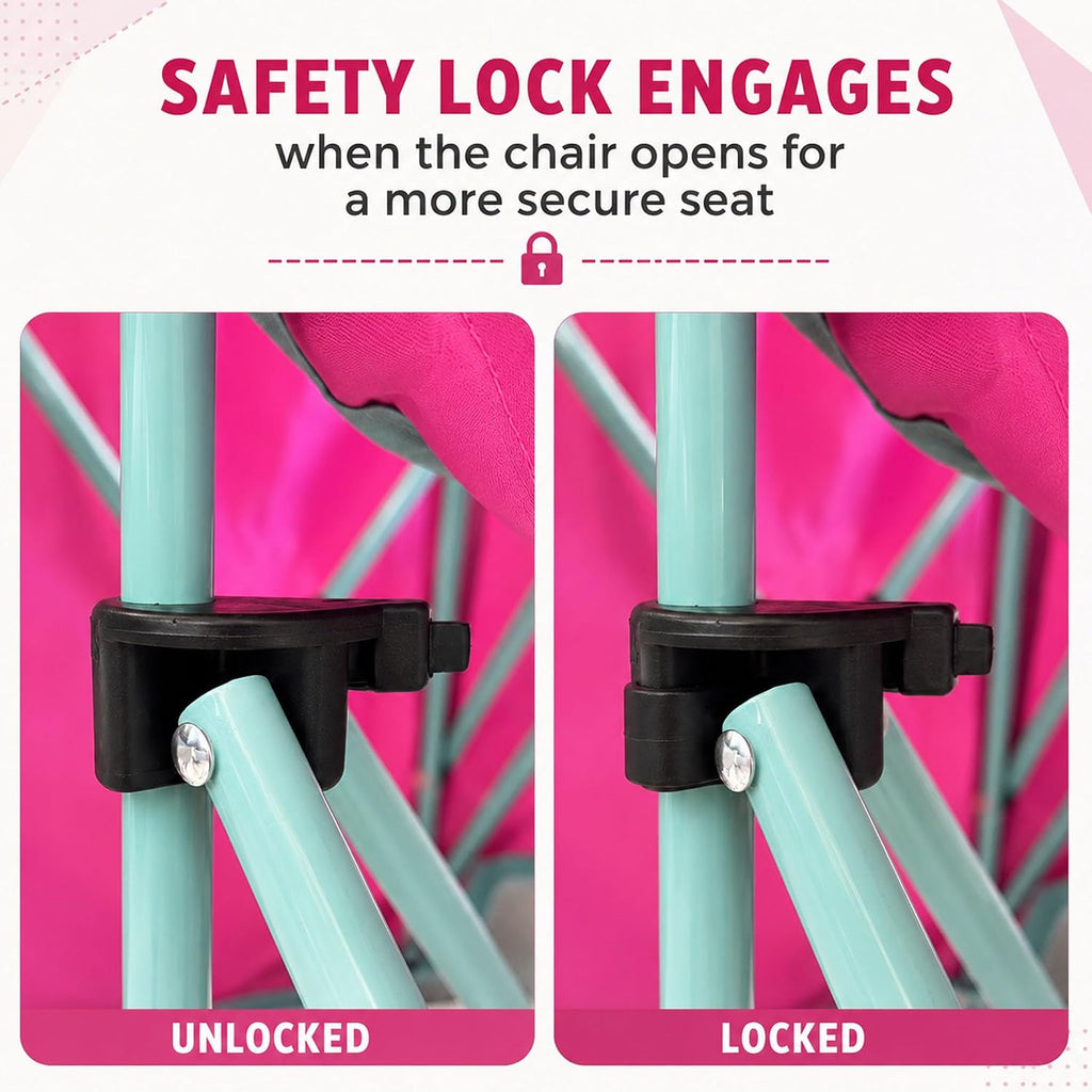 Kids Folding Canopy Chair with Safety Lock, 125 lb Capacity, Pink/Green | Portable kids canopy chair with safety lock, cup holder, and foldable frame for beach, lawn, camping, and sports sidelines.
