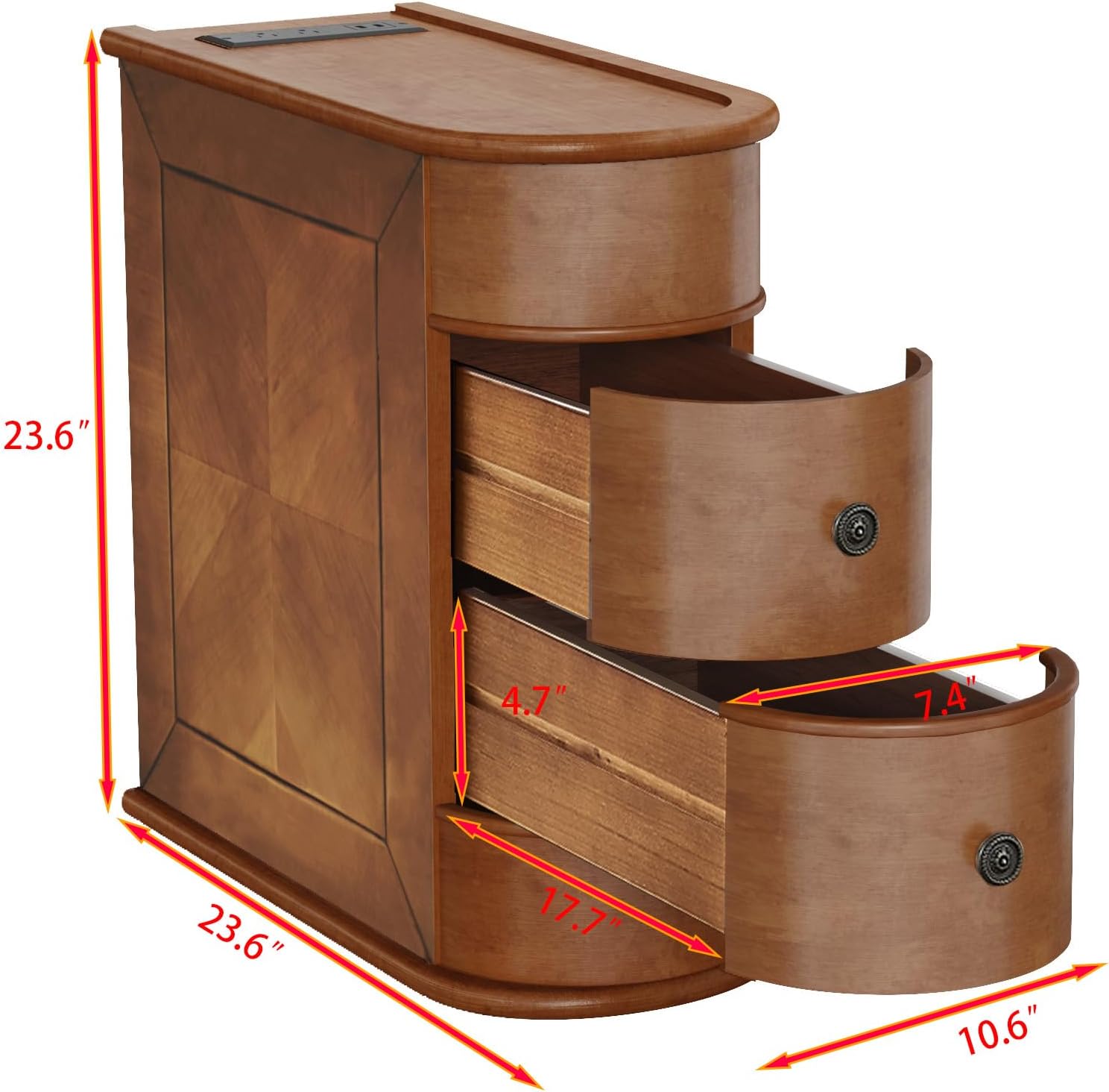 Narrow End Table with Charging Station, Skinny Side Table for Living Room, Slim Nightstand Bedside Table with Storage Drawers Sofa Side Table for Small Spaces Bedroom, No Assembly (2 Drawers)