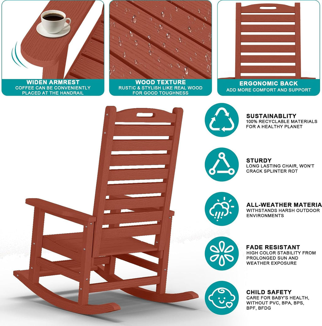 PLUUV Outdoor Rocking Chair with Removable Footboard for Adults, HDPE High Back Patio Rocking Chairs, 330lbs All Weather Porch Rocking Chairs for Outdoor & Indoor -Reddish Brown