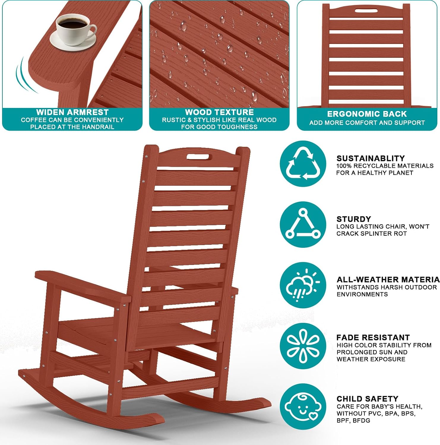 PLUUV Outdoor Rocking Chair with Removable Footboard for Adults, HDPE High Back Patio Rocking Chairs, 330lbs All Weather Porch Rocking Chairs for Outdoor & Indoor -Reddish Brown