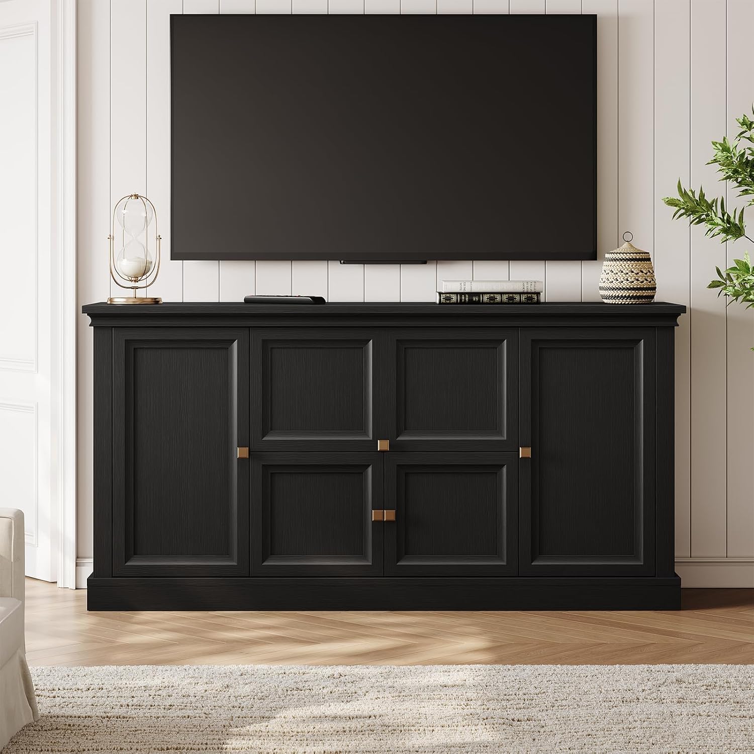 ONBRILL 63" Large Buffet Cabinet with Storage, Farmhouse Sideboard Cabinet with Grooved Barn Doors, Wood Rustic Kitchen Buffet Table Coffee Bar Storage Cabinet for Kitchen, Living Room (Black)