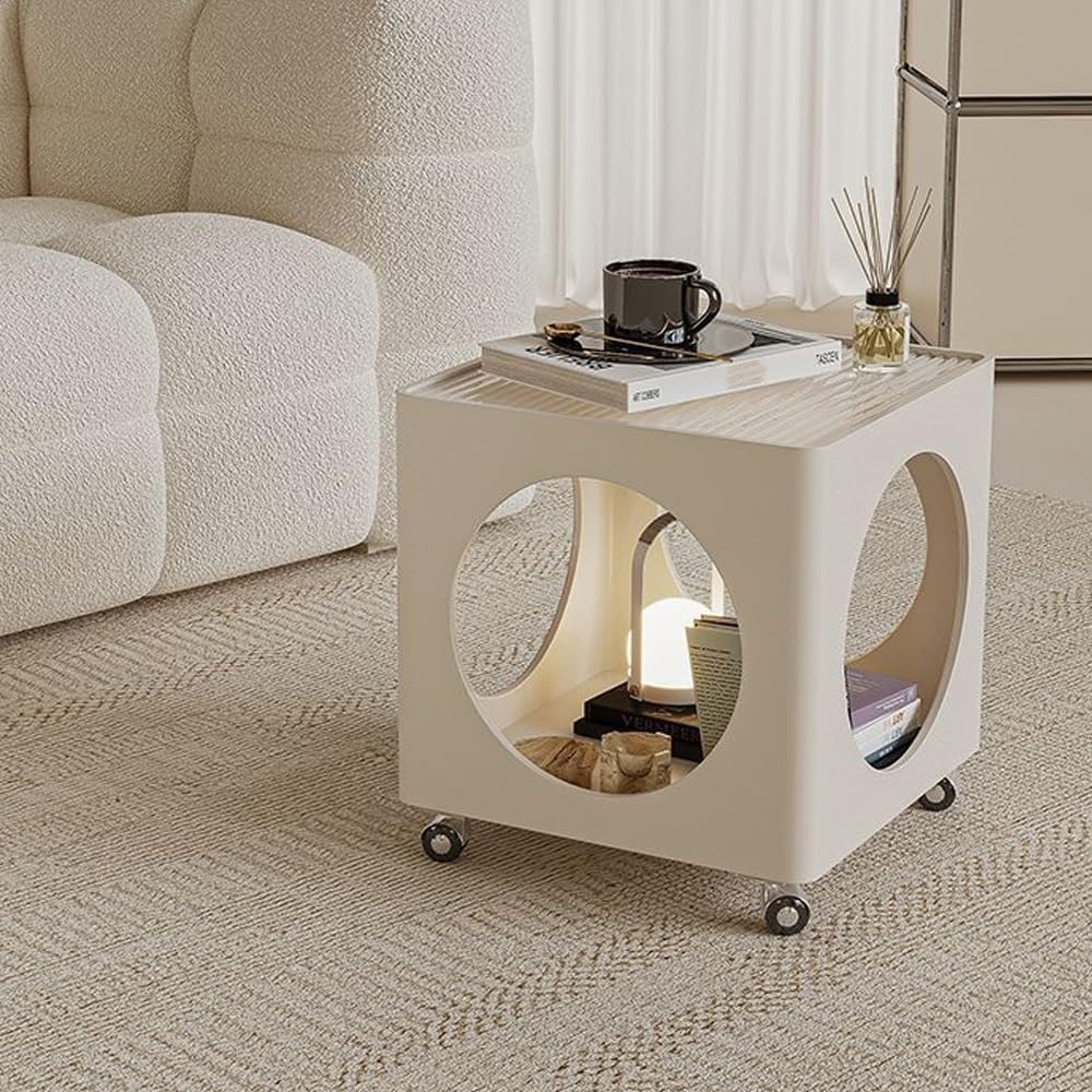 Rolling Side Table with Storage, Metal Frame Square Coffee Table, Mobile Nightstand with Glass Top, Minimalist End Table for Bedroom, Living Room(White)
