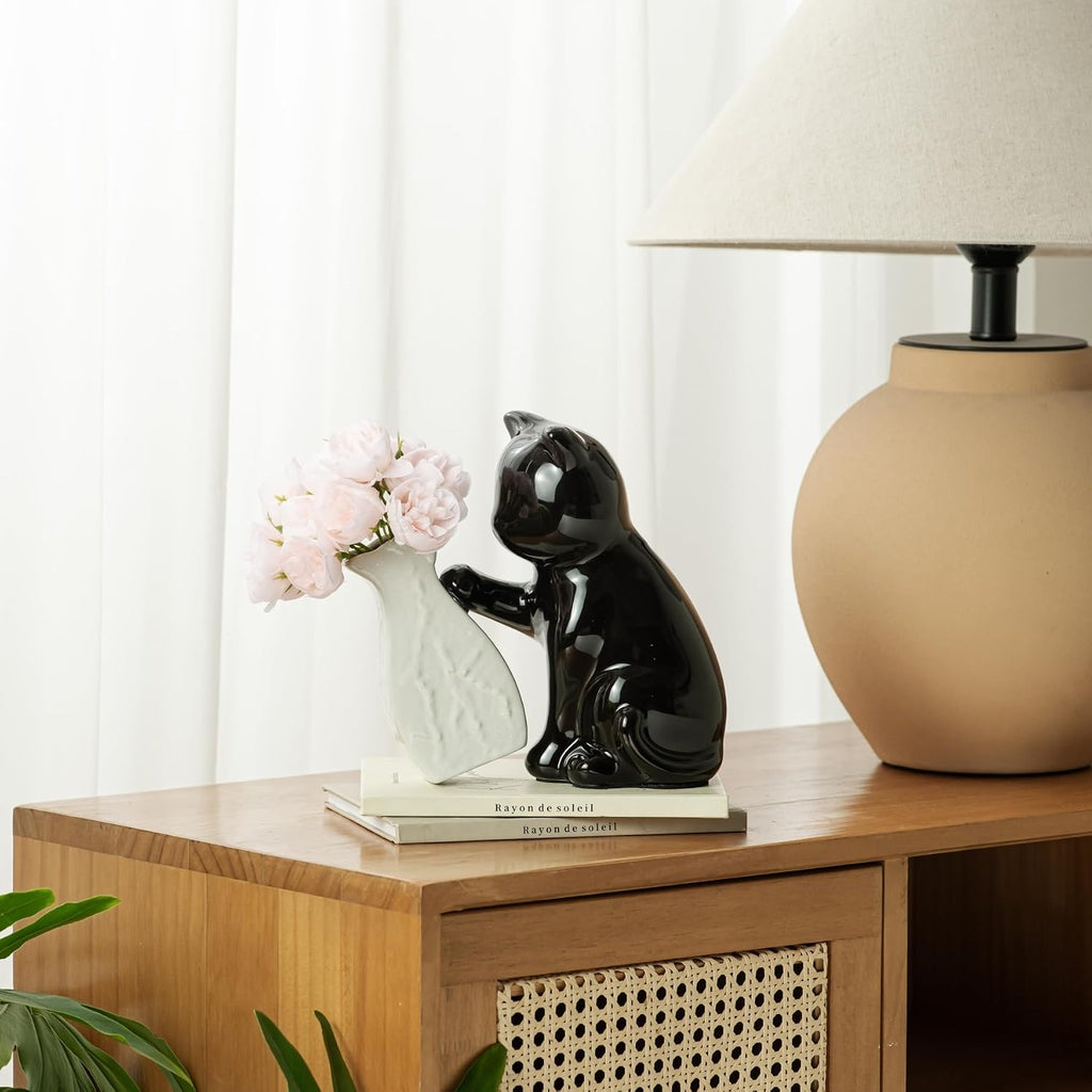 Cute Cat Vase with Flowers, 7.5in Small Ceramic Flower Vase & Cat Figurine | Unique Creative Black Vase Gifts for Cat Lovers, Decorative Vases for Home Office Bedroom Table Centerpieces Shelf Decor
