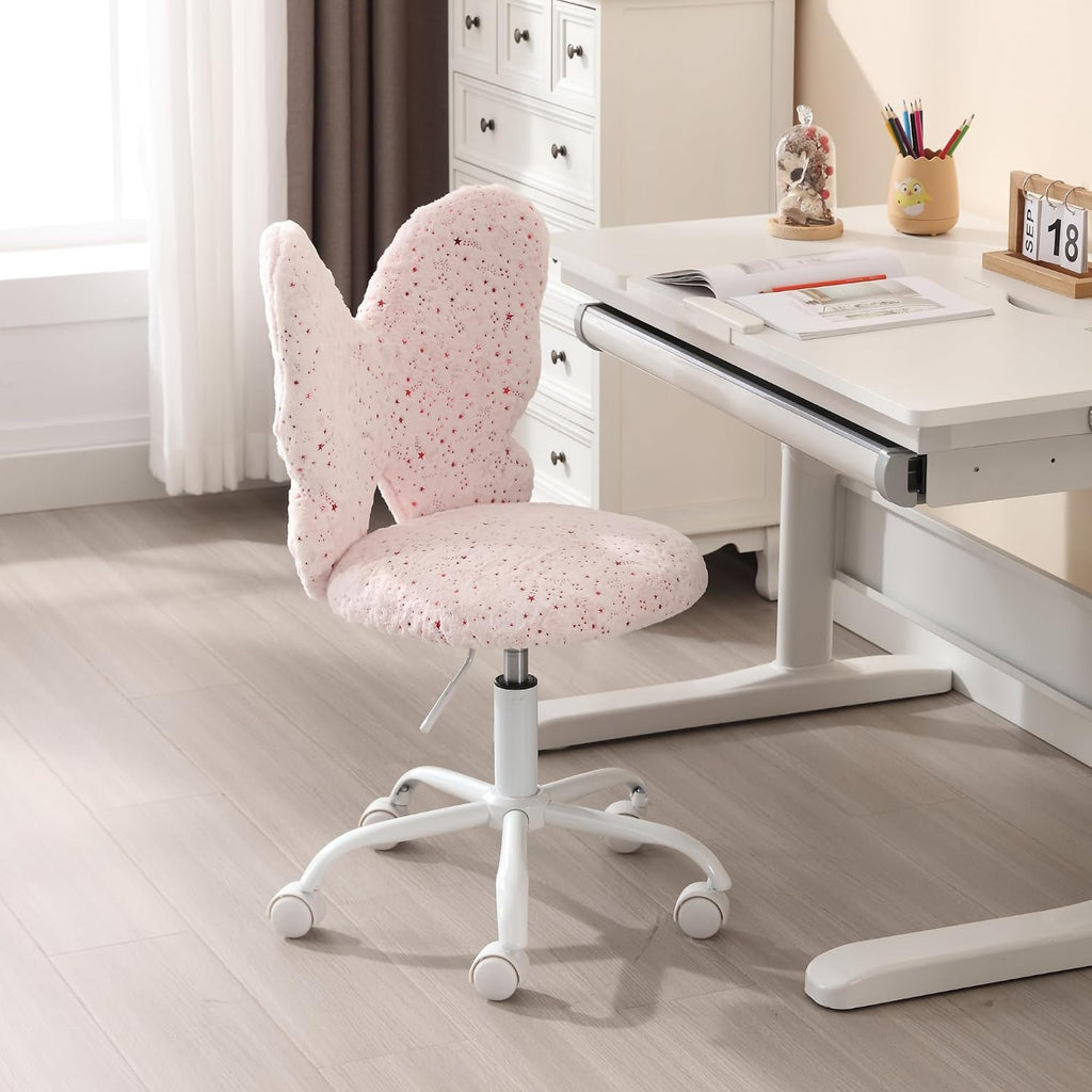 Kmax Kids Desk Chair, Faux Fur Butterfly Chair with Wheels Adjustable Fuzzy Kids Office Chair Cute Swivel Childrens Chair for Bedroom Reading Room - Pink
