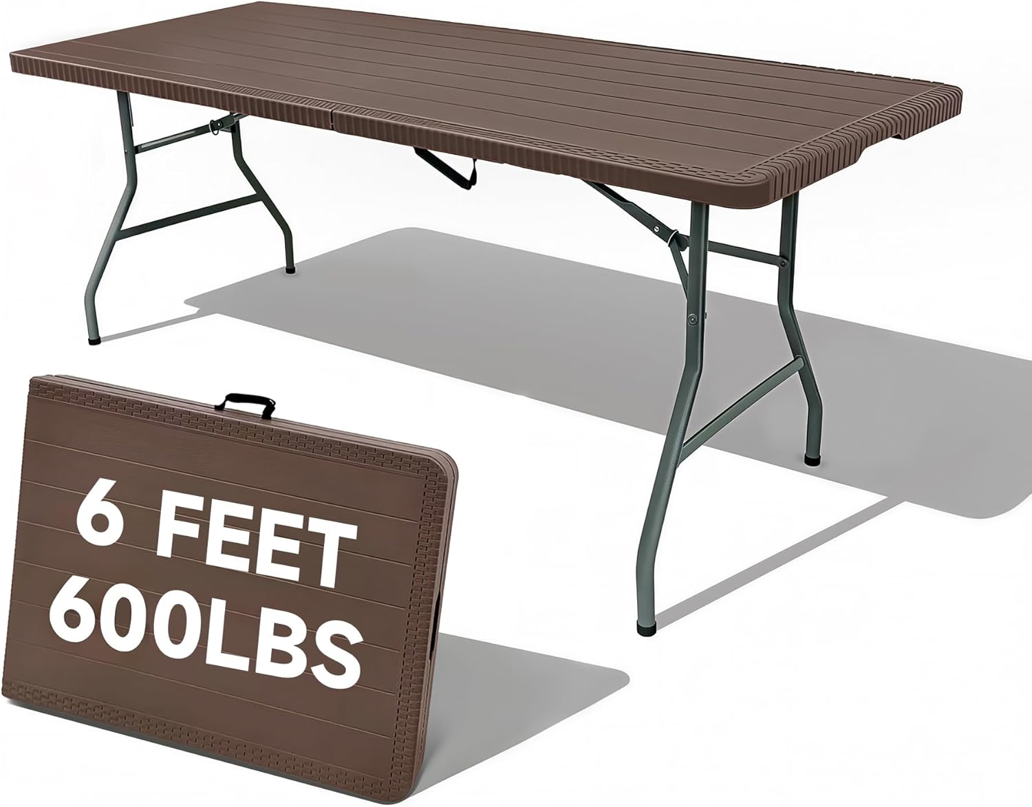 Folding Table 6 Foot, Heavy Duty 600 LBS Capacity, HDPE Wood Grain Pattern, Sturdy Design with Safety Lock, Portable Tables Folding for Camping, Party, Indoor & Outdoor Use, 1 Pack