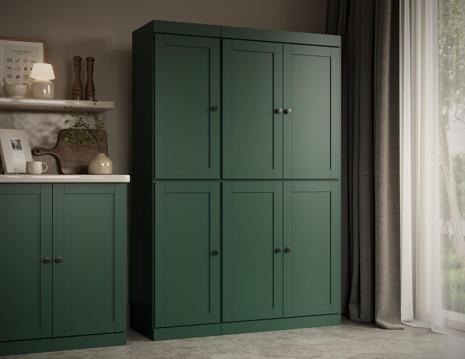 Palace Imports Solid Wood Kitchen Pantry Cabinet 71.5" Tall, 48.5" Wide – Storage Cabinet w/ 6 Shaker Doors, 2 Drawers & 8 Adjustable Shelves – Green, Renewable Eco-Friendly 100% Wood, Made in Brazil