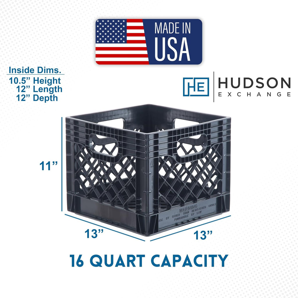 Hudson Exchange 13 x 13 x 11" (16 Quart, 4 Pack) Mesh Commercial Grade Milk Crate Handled Storage Container Tote, Black
