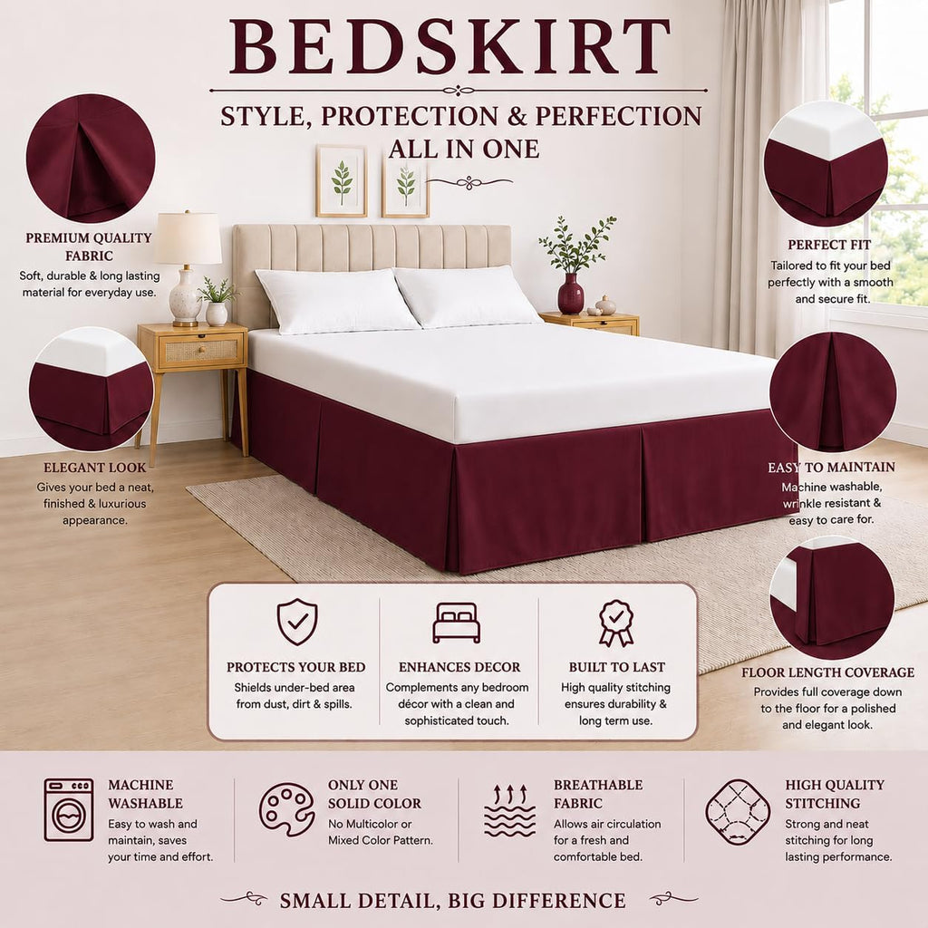 Box Pleated Bed Skirt – 100% Egyptian Cotton, 11 Inch Drop Bed Frame Cover Easy to Put On Hotel Class Luxurious Bedding (Wine, Queen, 11 Inch Drop)