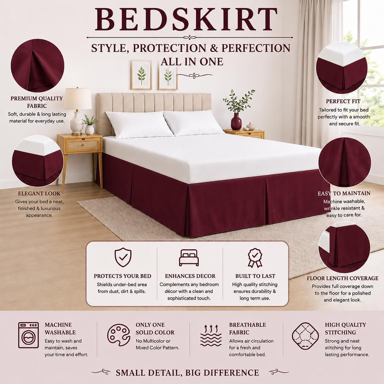 Box Pleated Bed Skirt – 100% Egyptian Cotton, 11 Inch Drop Bed Frame Cover Easy to Put On Hotel Class Luxurious Bedding (Wine, Queen, 11 Inch Drop)