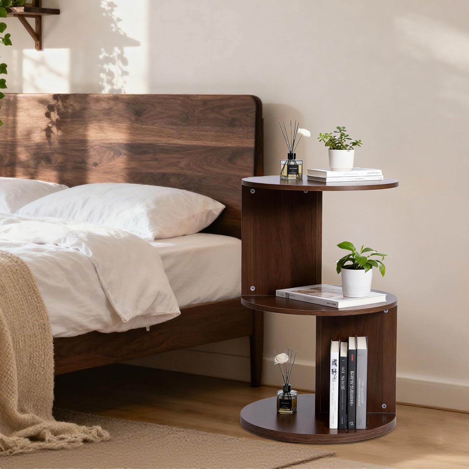 Wood 2-Tier 360° Rotating Bookshelf, Narrow Corner Bookcase & Accent Table, Floor Standing Storage Rack for Kids Bedroom Living Room, Space Saving