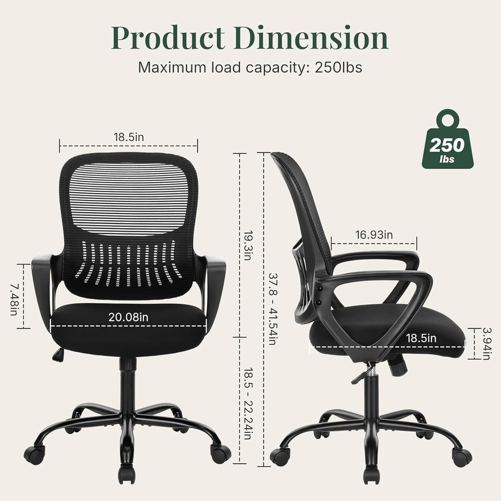 Home Office Desk Chair, Ergonomic Mid-Back Mesh Computer Task Chair with Comfortable Lumbar Support, Height Adjustable Swivel with Fixed Armrest for Adults, Student, Black