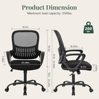 Home Office Desk Chair, Ergonomic Mid-Back Mesh Computer Task Chair with Comfortable Lumbar Support, Height Adjustable Swivel with Fixed Armrest for Adults, Student, Black