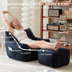 Oversized Bean Bag Chair with Ottoman, Bean Bag Couch with 2 Side Pockets, Corduroy Boneless Couch Chair in a Box, Comfy Lounge Chair for Living Room, Bedroom, Dorm, Blue