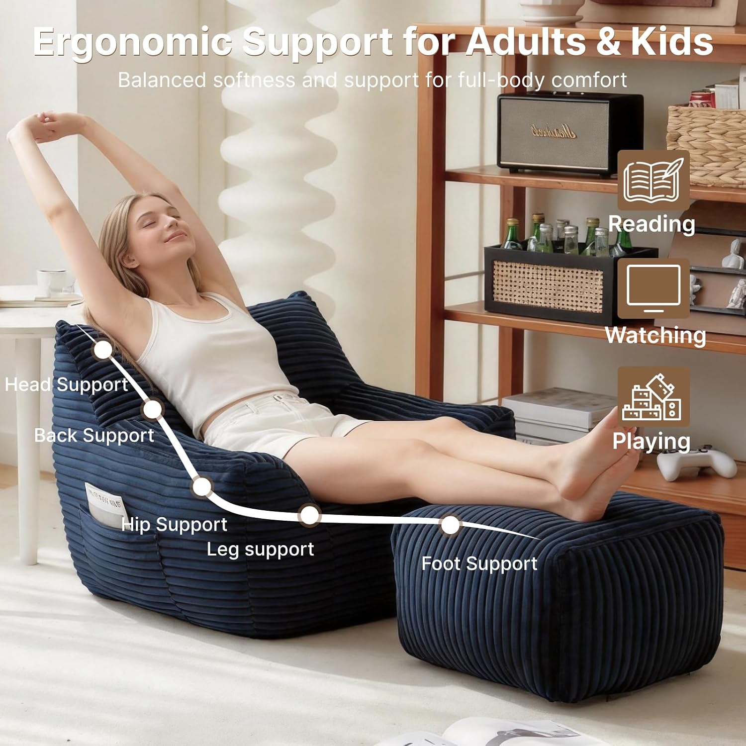Oversized Bean Bag Chair with Ottoman, Bean Bag Couch with 2 Side Pockets, Corduroy Boneless Couch Chair in a Box, Comfy Lounge Chair for Living Room, Bedroom, Dorm, Blue