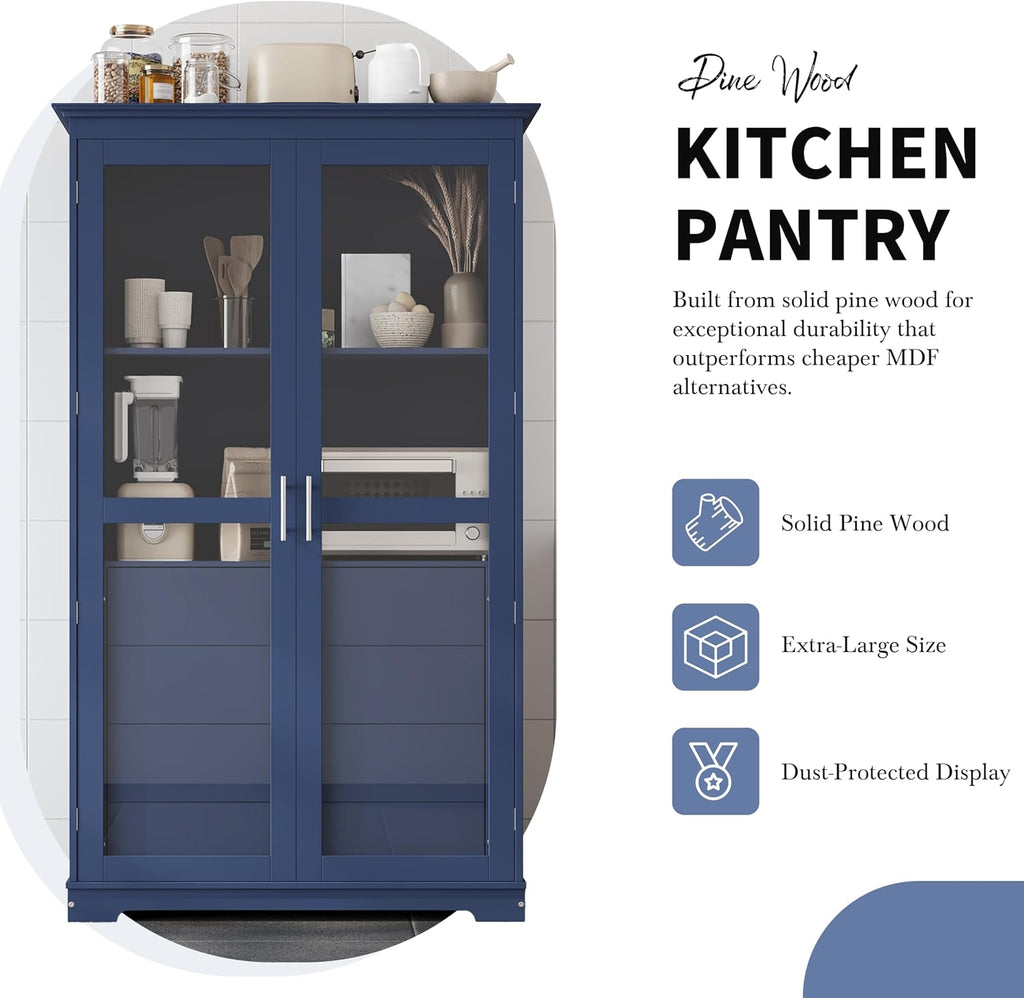 Merax Kitchen Pantry Cabinet with 2 Glass Doors & 4 Large Drawers, Pine Wood Frame & Higher Shelf‌ Height, Freestanding Storage Cabinet for Kitchen Dining Room Living Room, 44.7"x20"x75" (Blue)