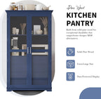 Merax Kitchen Pantry Cabinet with 2 Glass Doors & 4 Large Drawers, Pine Wood Frame & Higher Shelf‌ Height, Freestanding Storage Cabinet for Kitchen Dining Room Living Room, 44.7"x20"x75" (Blue)