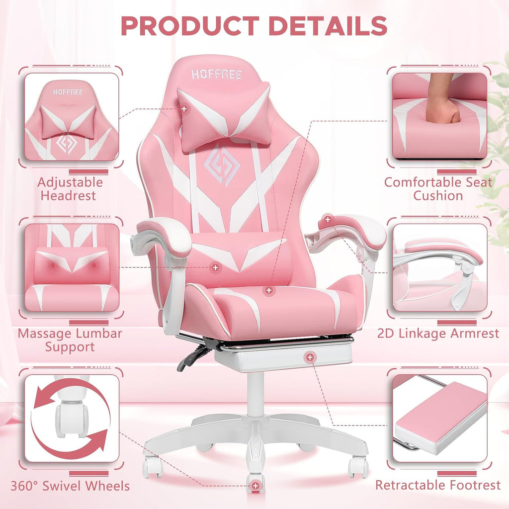 Gaming Chair with Massage Ergonomic Computer Chair with Footrest and Lumbar Support Reclining PC Game Chair for Boys with Adjustable Armrest and Headrest Pink