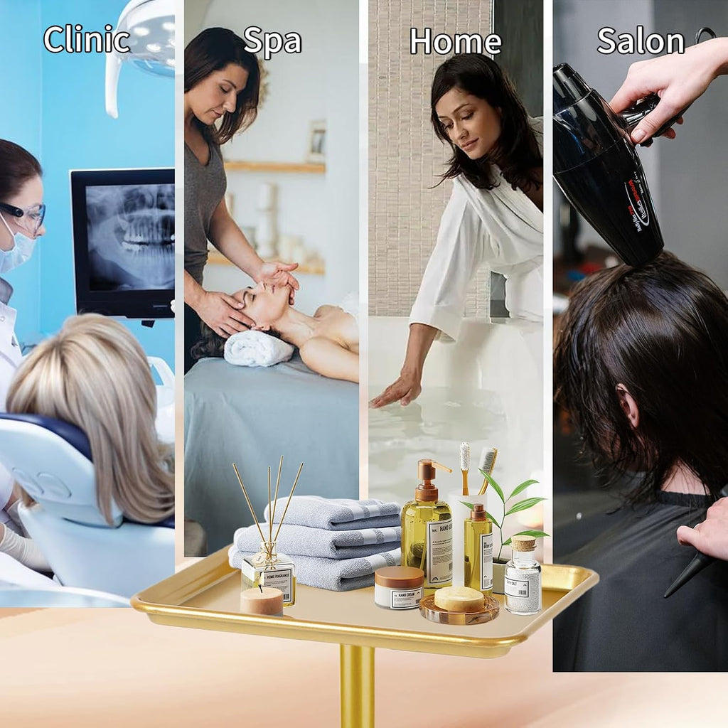 Salon Tray on Wheels, Gold Salon Rolling Tray with Adjustable Height, Hair Stylist Tray, Metal Service Instrument Storage Tray for Salon&Home Use, Suitable for Tattoo Tray and Dental Tray