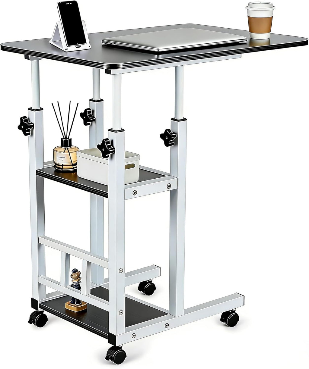 Adjustable C Table,Over Bed Table with Wheels,Rolling Side Table, Over Bed Table with Wheels, Bedside Table, for Sofa Side Small Space, Stable Multi Storage Desk, Black