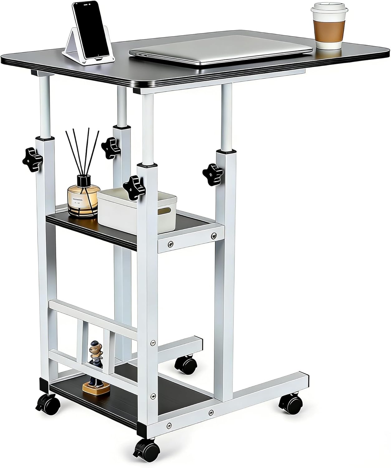 Adjustable C Table,Over Bed Table with Wheels,Rolling Side Table, Over Bed Table with Wheels, Bedside Table, for Sofa Side Small Space, Stable Multi Storage Desk, Black