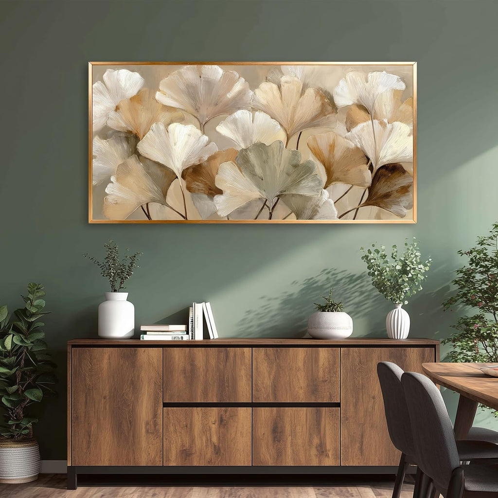 Azatyam Ginkgo Leaf Wall Art Frame Neutral Beige Floral Decor Botanical Nature Picture Ginkgo Leaves Canvas Prints for Living Room Bedroom Office Dining Large Brown Grey Yellow Metal Frame Art 24" x 46"