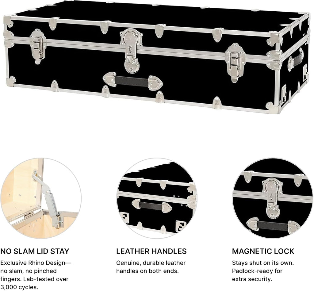 Rhino Trunk & Case Trundle Home Storage & College Trunk - 44”x20”x12” - 1500+ lbs Capacity. USA Made Secure Under-Dorm Bed Footlocker for Clothes and Food, and Underbed Shoe Storage Box