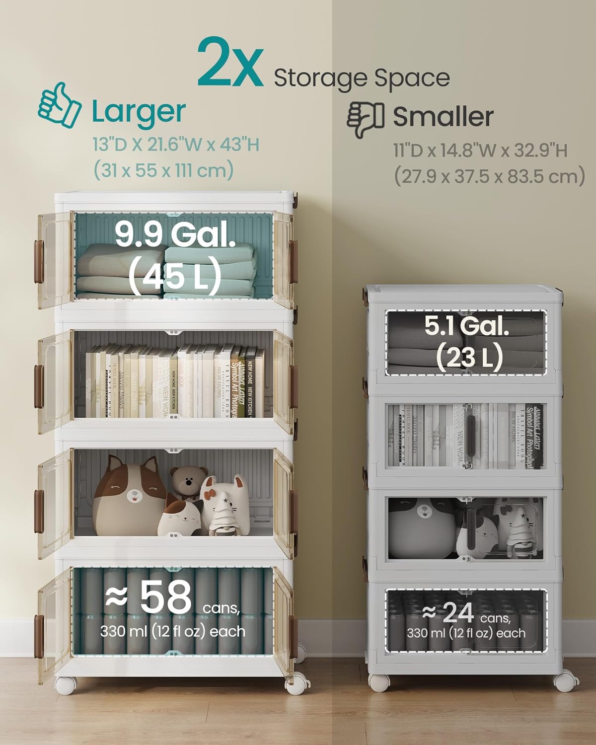 SONGMICS 48QT Plastic Storage Bins with 1 Lid, 4-Tier Stackable Bins with Doors and Wheels, Foldable Storage Boxes, for Closets, Bedroom, Living Room, Office, White URLB450WZ01