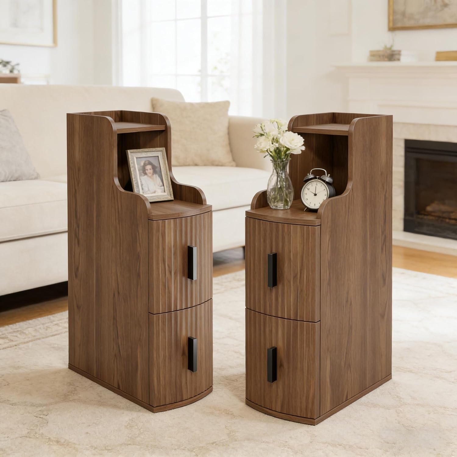 Narrow End Tables Set of 2 with 2 Storage Drawers for Living Room Office Slim Side Tables Small Nightstands Modern Beside Tables for Sofa Bedroom Small Spaces (2, Walnut)
