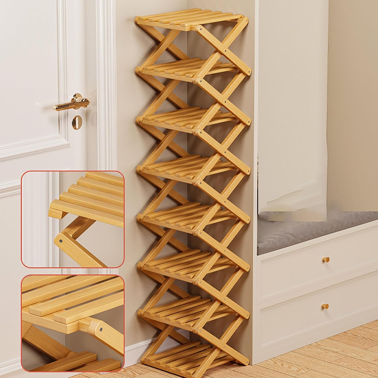9 Tier Bamboo Shoe Rack, The 9-Tier No-Assembly Bamboo Rack, Foldable Bamboo Shoe Rack, Foldable Vertical Organizer, Vertical Shoe Organizer for Small Spaces (Nature)