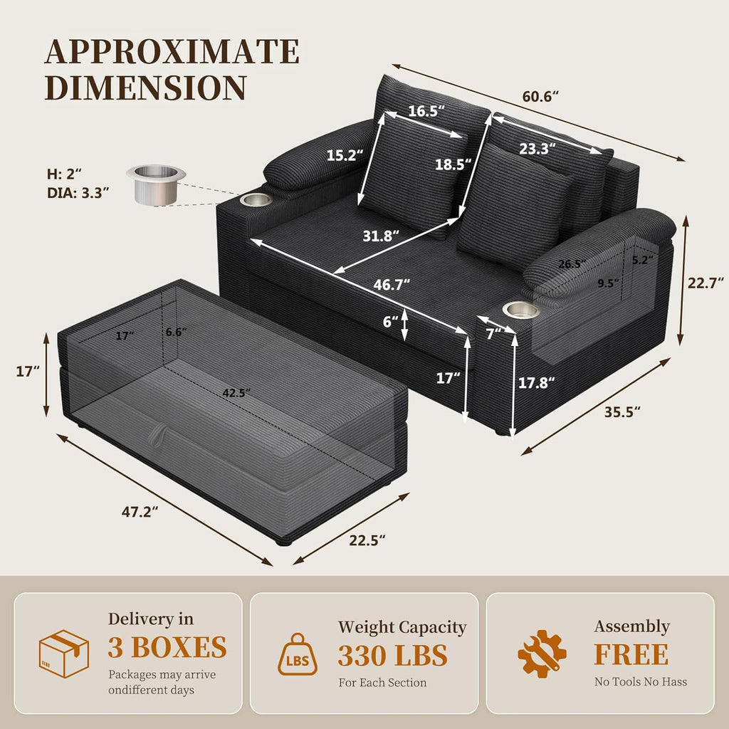 Furnimart Oversized Chaise Lounge Chair Indoor, Corduroy Upholstered Sleeper Sofa Bed with Solid Frame & Throw Pillows, Deep Seat Reading Chair for Living Room, Bedroom, Black