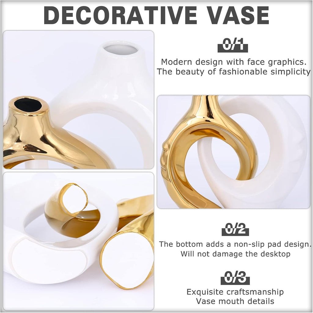 White Gold Ceramic Decorative Vase Home Decor, White and Gold Vase Set of 2, Pampas Grass Decorative Vase, Coffee Table Vase, Entryway Table Decor (White Gold)