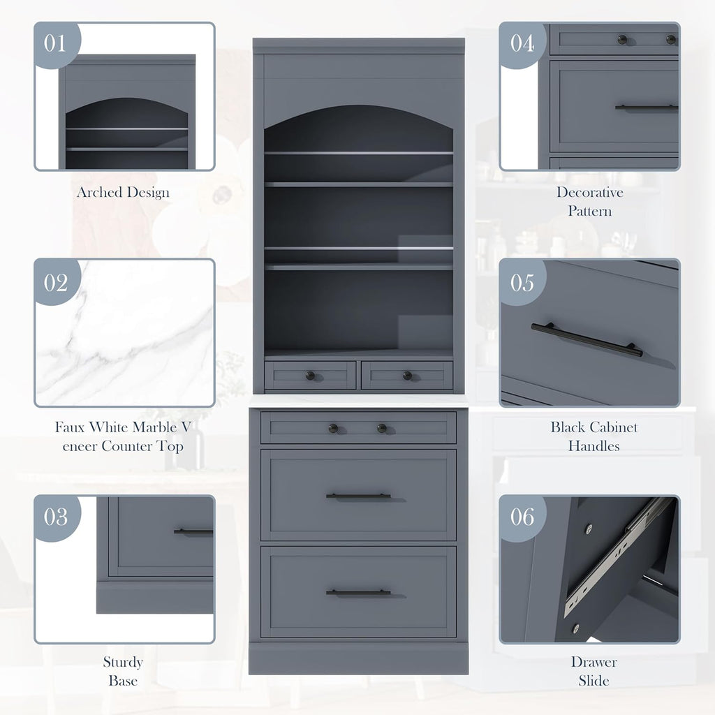 LUMISOL 83.7” Kitchen Pantry, Freestanding Tall Kitchen Hutch with Faux Marble Top, Cupboard Cabinet with 5 Drawers and Adjustable Shelf, Storage Cabinet for Kitchen Dining Room, Set of 2, Gray