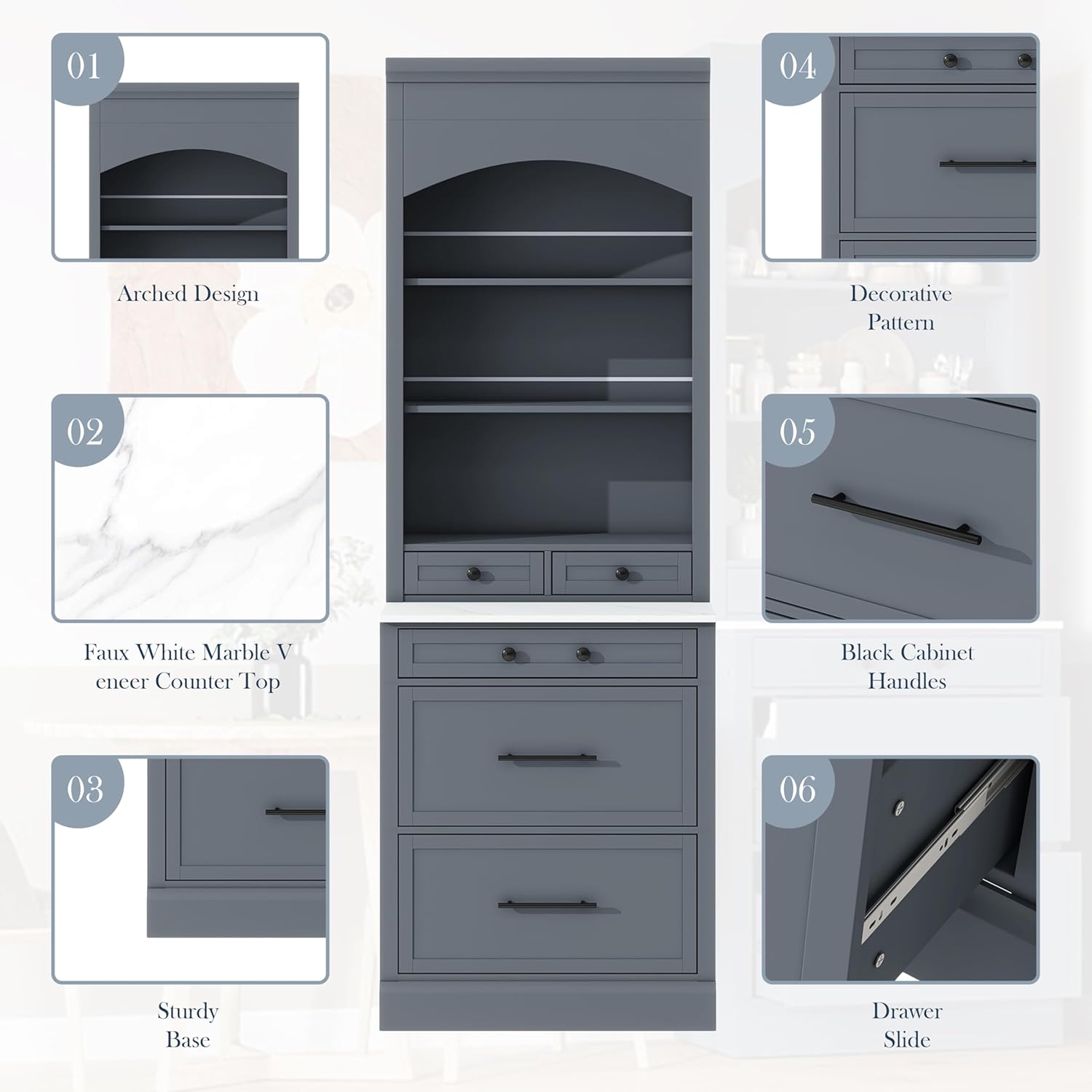LUMISOL 83.7” Kitchen Pantry, Freestanding Tall Kitchen Hutch with Faux Marble Top, Cupboard Cabinet with 5 Drawers and Adjustable Shelf, Storage Cabinet for Kitchen Dining Room, Set of 2, Gray