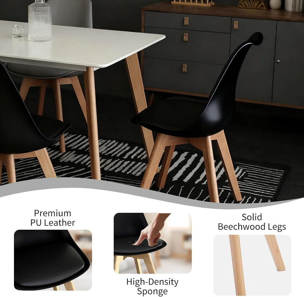 Dining Chairs Set of 8, Mid-Century Kitchen & Dining Room Chairs with Wood Legs and Cushion, Leather Dining Chairs Set for Living Room, Kitchen, Black 8 Pack