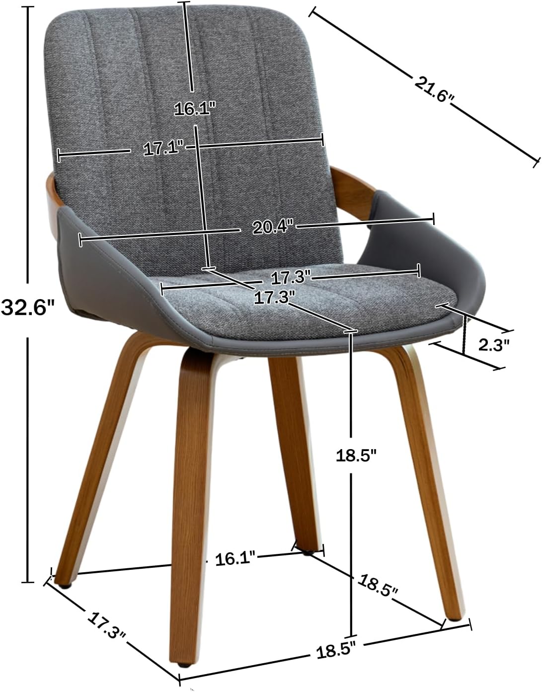 Dining Room Chairs Set of 4, Mid Century Modern Gray Fabric+Faux Leather Kitchen Chairs No Arms,Bamboo Legs Side Chairs No Wheels,Accent Chair for Dining Rooms