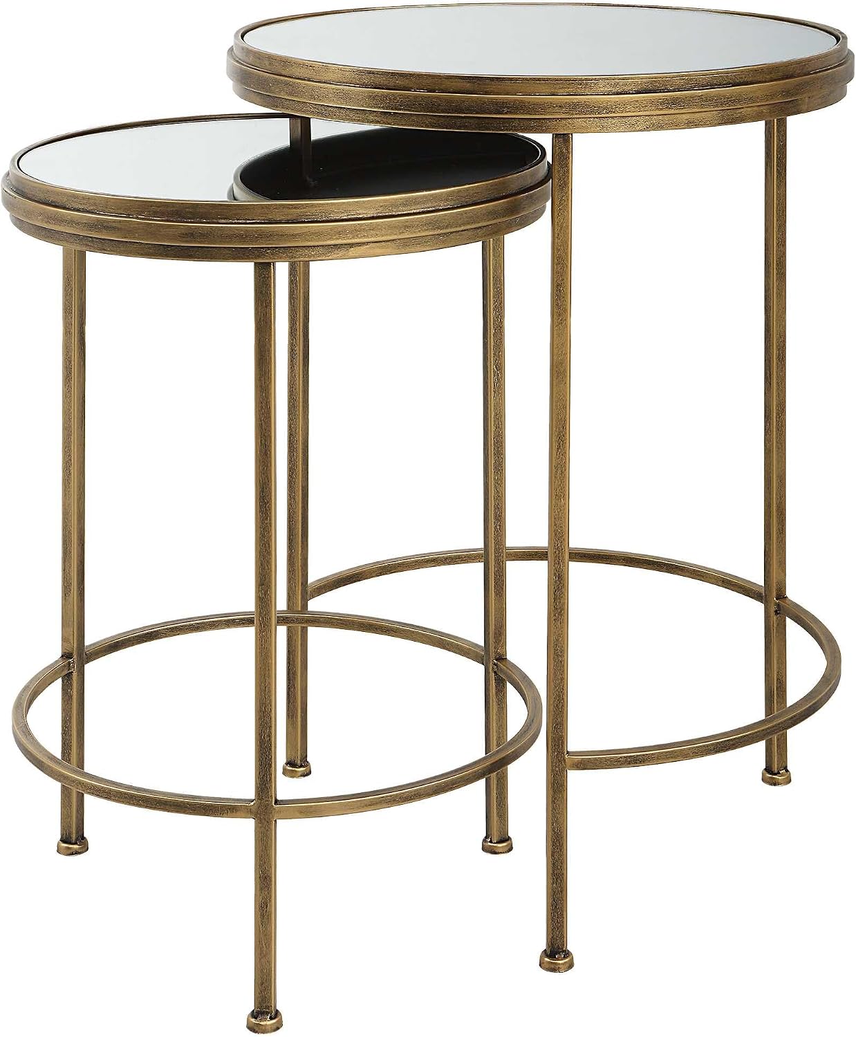 Set of 2 Antique Brushed Gold Iron Nesting Tables with Mirrored Glass Tops Modern Round Accent End Tables Luxury Living Room & Bedroom Side Tables, Space-Saving Nested Design