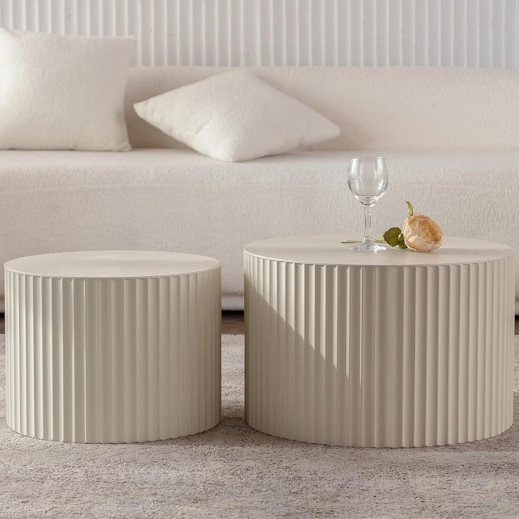 KEVINSPACE Nesting Coffee Table Set of 2 Circle CoffeeTable Modern NestingTables for Living Room Round Fluted Wooden CoffeeTabl No Need Assembly for Bedroom Balcony Lounge 47.25" Beige