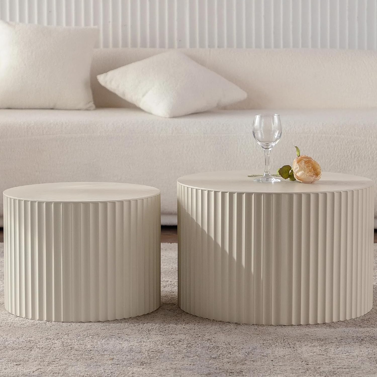 KEVINSPACE Nesting Coffee Table Set of 2 Circle CoffeeTable Modern NestingTables for Living Room Round Fluted Wooden CoffeeTabl No Need Assembly for Bedroom Balcony Lounge 47.25" Beige