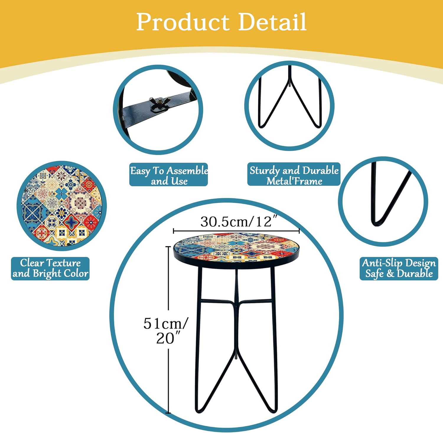 Mosaic Round Sode Tea Table, Outside Unique Furniture, Small End Outdoor Side Valentine's Day Dining Room Table, Indoor Balcony Outdoor Furniture, Balcony Patio Valentine's Day Decor
