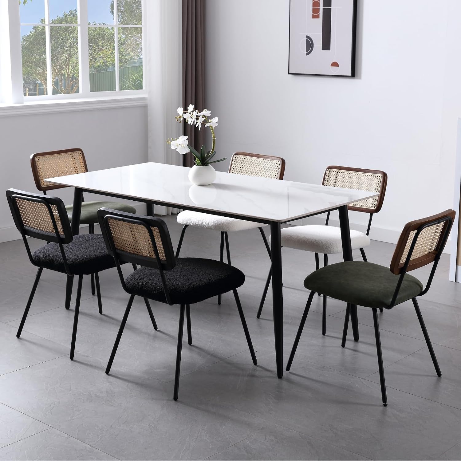 Rattan Woven Back Dining Chairs Set of 4, Black Sherpa Upholstered Kitchen Dining Room Chairs with Metal Legs